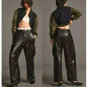 NWT Anthropologie Black Sequin Cargo Pull on Trouser Party Event Pants Size 16